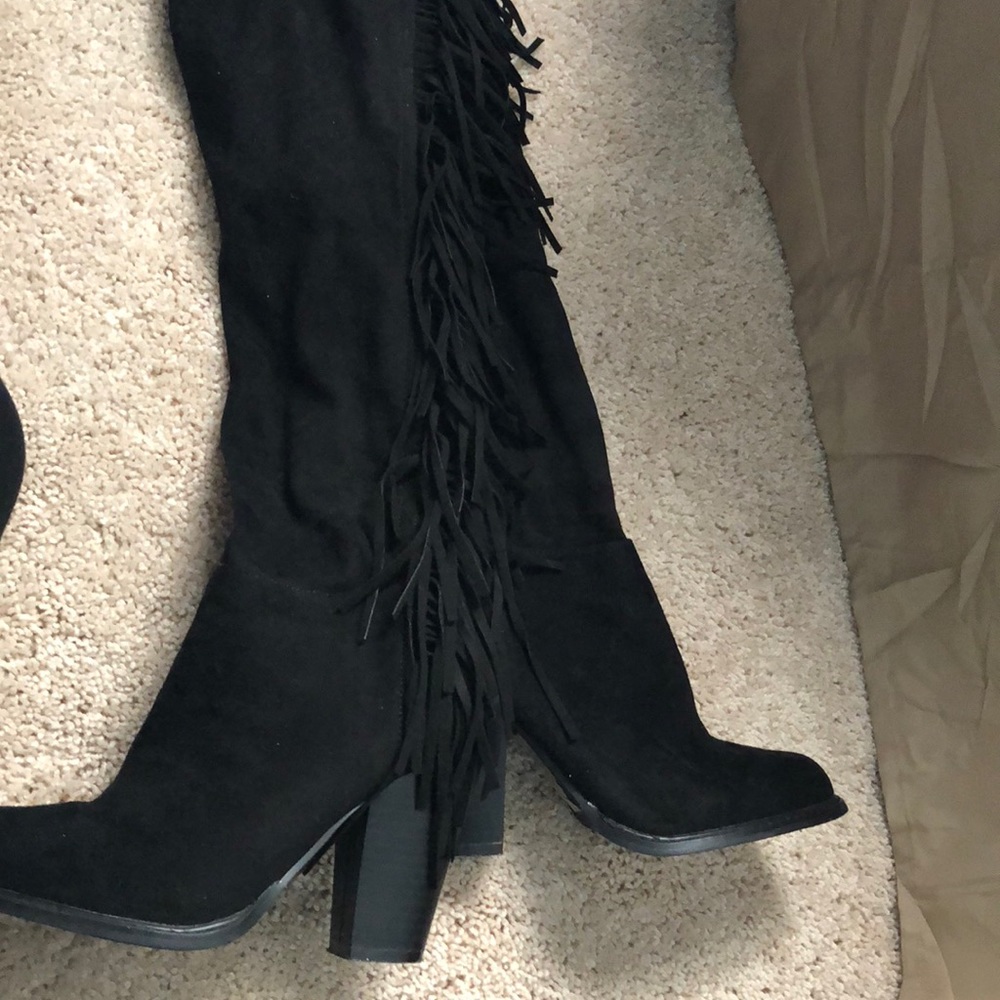 Leila Stone black over the knee fringe boots
